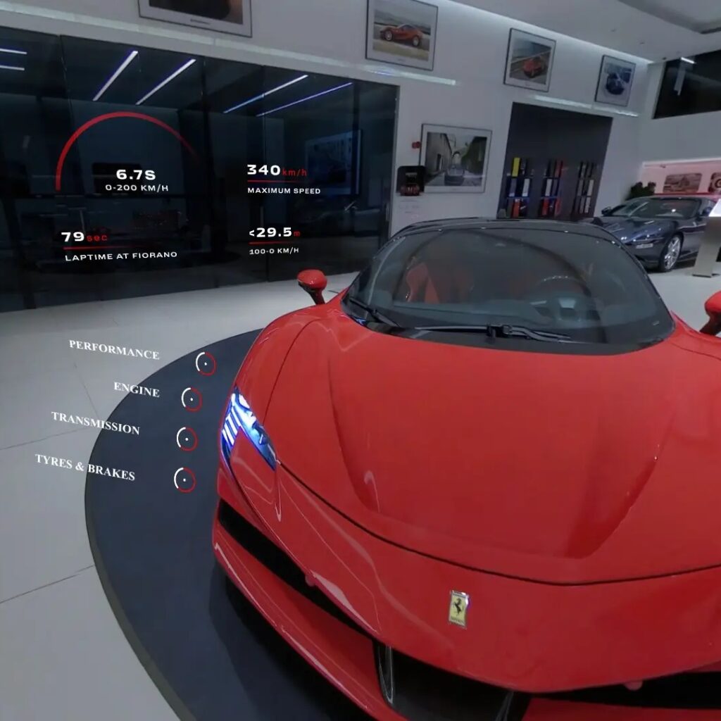 A preview of a VR experience showing a Ferrari car with some information on screen.