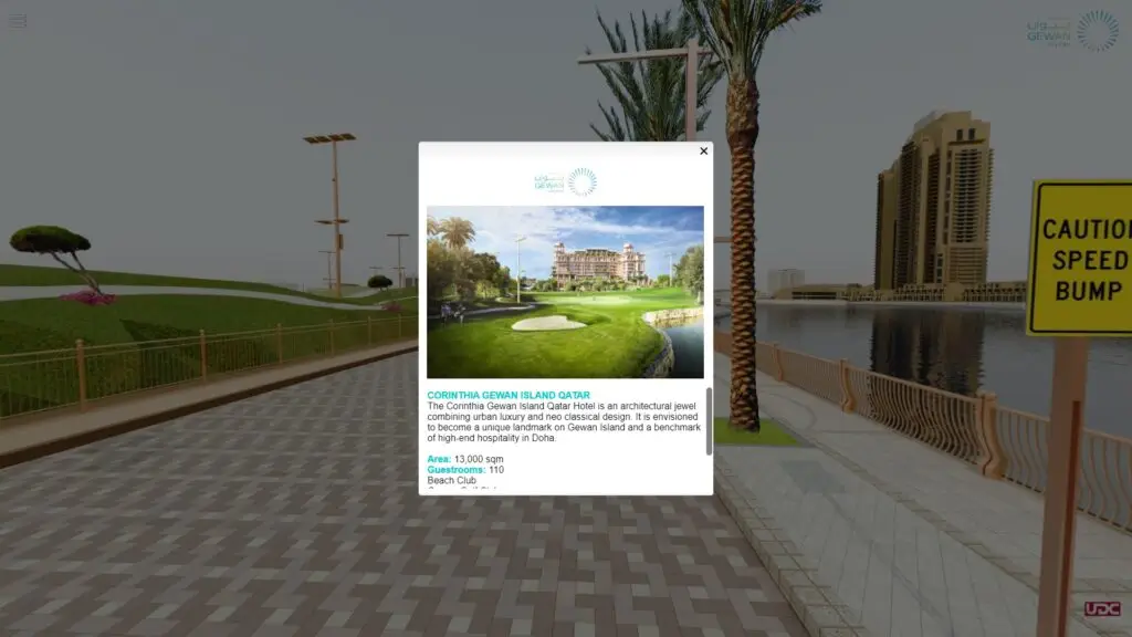 A virtual display shows information about the Corinthia Golf Club in Qatar, featuring a scenic golf course with water and a hotel in the background. The surrounding virtual environment includes palm trees, a paved path, and a caution sign.