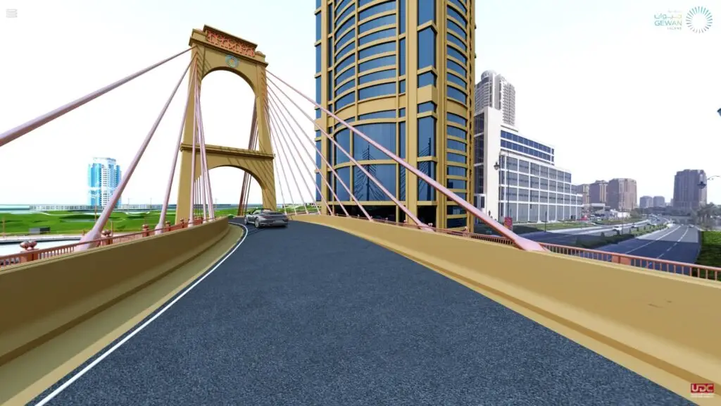 A preview of a 3D model showing a bridge leading to a tall, modern building with a curved facade. The bridge has pink suspension cables and cars on the road. Other skyscrapers and greenery are visible in the background under a clear sky.