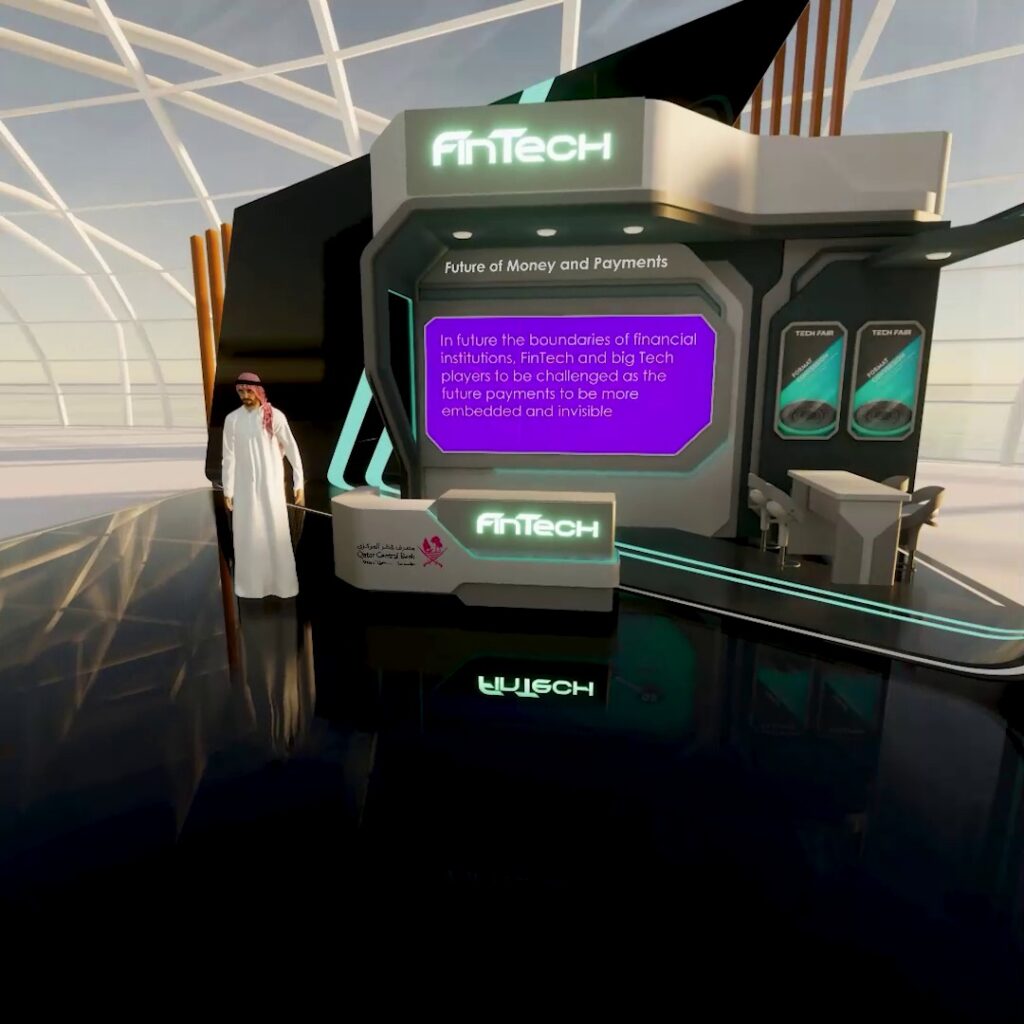 Futuristic 3D animated exhibit booth with Fintech signage. A person in traditional attire stands near a display screen showing text about the future of financial institutions and payments. Sleek, modern decor with a shiny floor and curved white structures above.