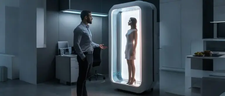 A man stands in an office setting, gesturing towards a woman inside a holobox. The room, reflecting Vraxa services modern touch, boasts minimalistic decor with a sleek desk and shelves in the background.