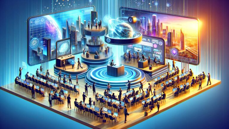 Futuristic tech conference scene with digital screens displaying cityscapes and data. Numerous attendees interact and collaborate around a central stage with a holographic display on a large platform, showcasing Vraxa services.