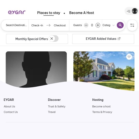 A webpage of Eygar, a Vraxa subsidiary, features a search bar with options for destination, check-in, checkout, guests, and category.