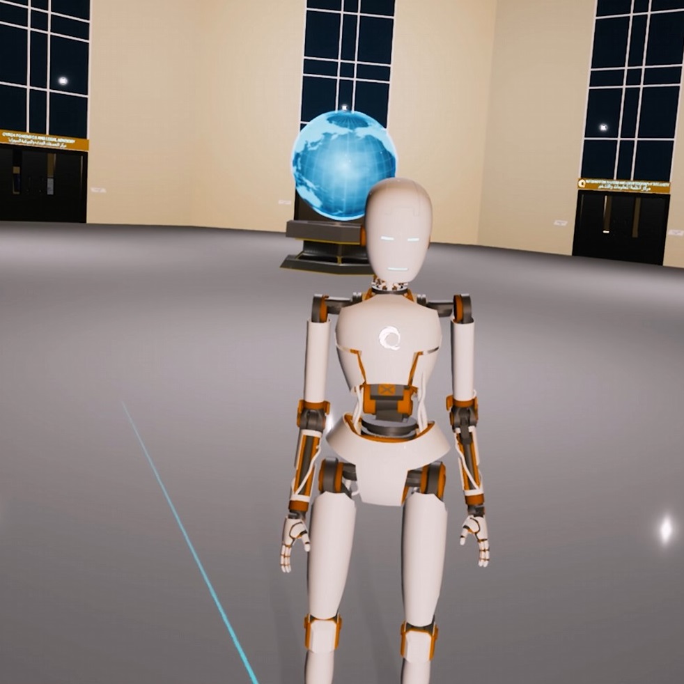 A preview of VR game showing a humanoid robot stands in a spacious and modern room, with a digital globe in the background.