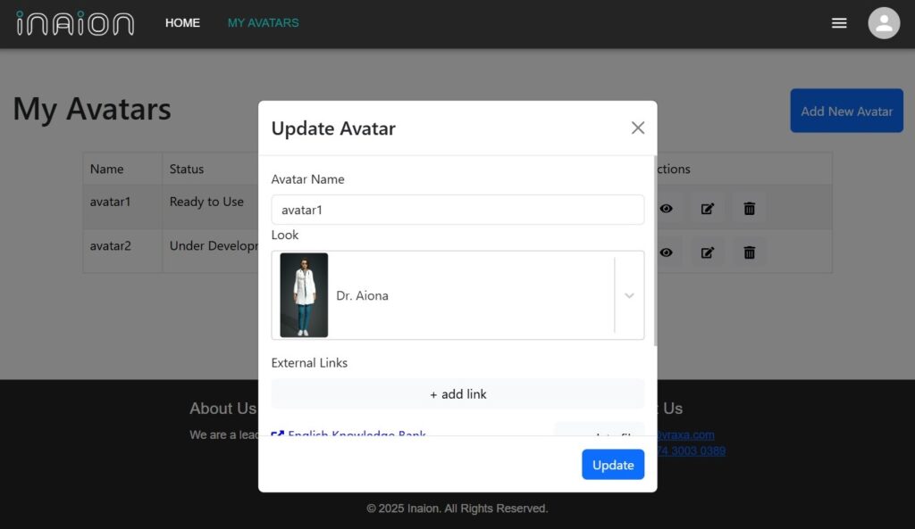 A preview image from inaion website, a Vraxa subsidiary. it is showing a web page interface for updating an avatar. The page shows options for avatar name and appearance. A small image of an avatar is present.