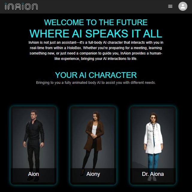 The image is a promotional poster for InAion, a Vraxa subsidiary, featuring two full-body AI characters named Aion, Aiony and Dr. Aiona. Text highlights how these AI can interact in real-time within HoloBox, offering preparation for meetings, learning, or guidance.