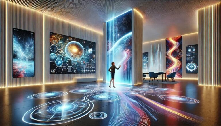 A person interacts with a digital screen in a futuristic room filled with holographic displays and vibrant light patterns, exploring Vraxa services. The space is illuminated by glowing lines and screens showcasing cosmic imagery and technological interfaces.