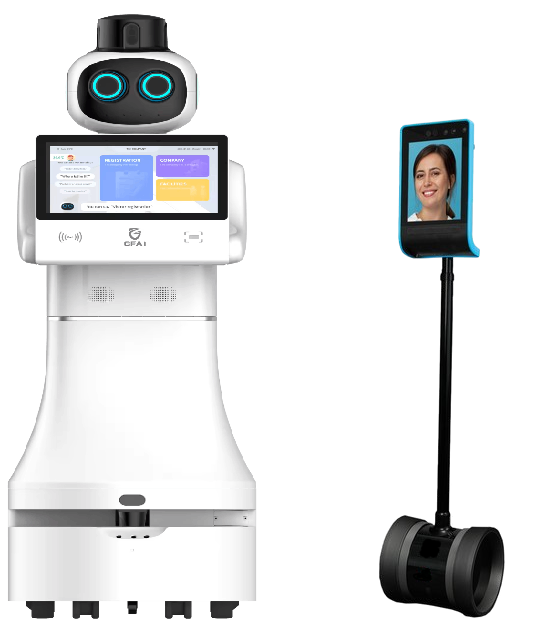 A white service robot featuring a display screen and two circular blue-lit eyes stands beside a Vraxa telepresence device, its screen showcasing a womans smiling face. The robots interface offers various menus, exemplifying advanced technology popular in Qatar and the UAE.