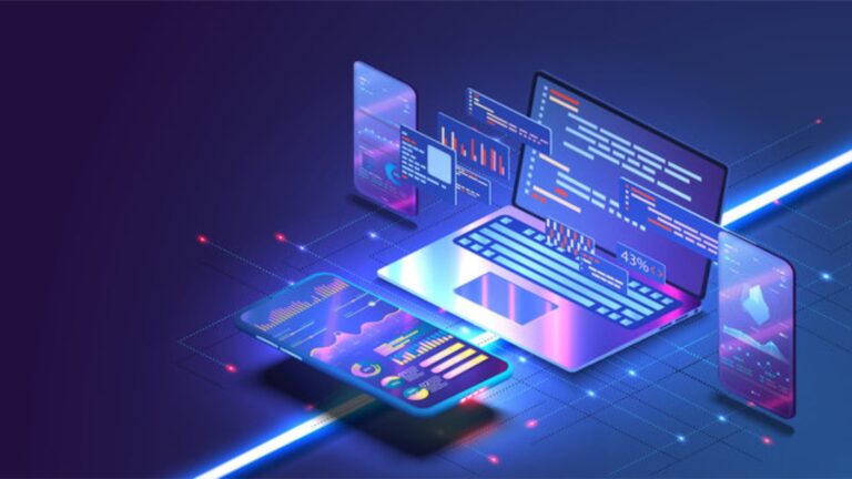 A futuristic digital illustration depicts a laptop surrounded by floating transparent screens showcasing graphs and code. Illuminated in neon blue and purple, the scene suggests advanced technology, echoing the cutting-edge innovation of Vraxa services.