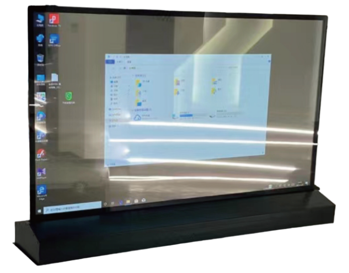 A transparent display screen showcases a Windows desktop, embodying the sleek innovation of Vraxa products. Mounted on a black base, it reflects the cutting-edge tech scene in Qatar, UAE, and KSA.