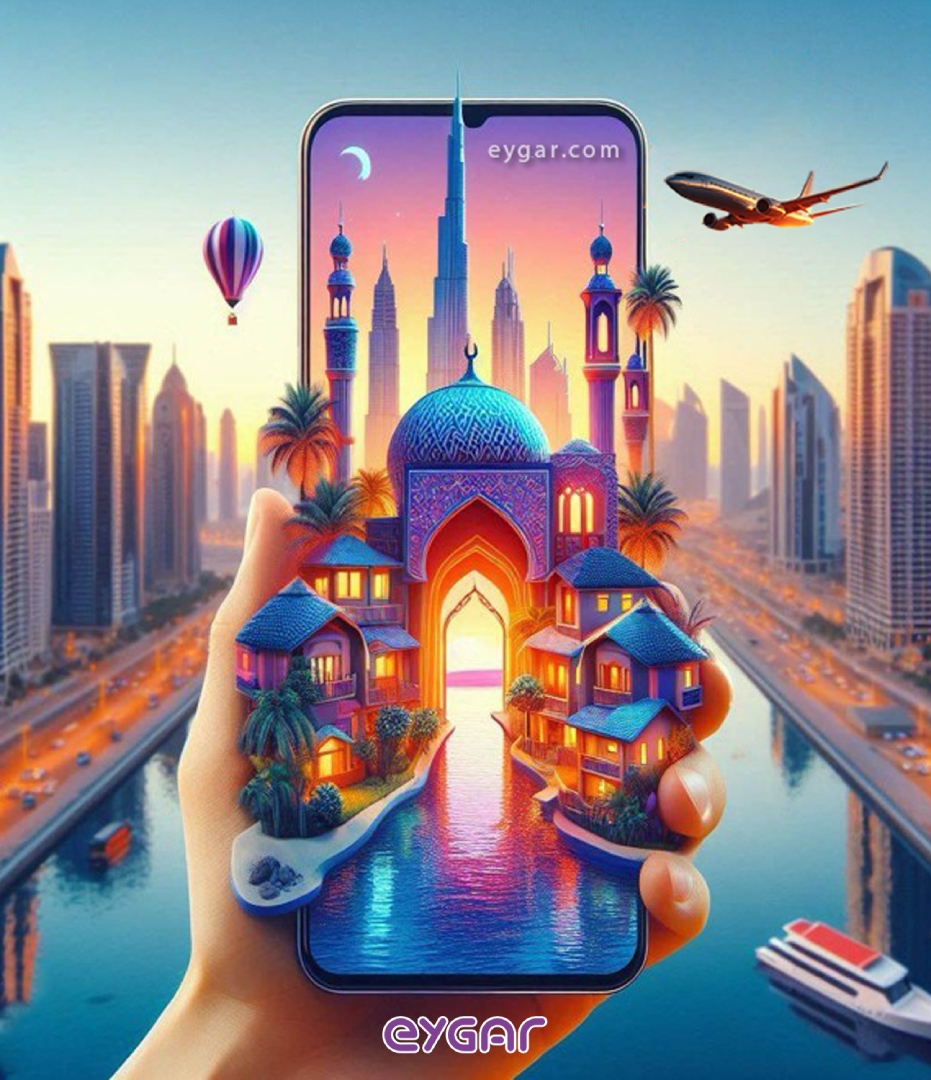 A hand holds a smartphone displaying an imaginative cityscape with domed buildings and water, seamlessly blending into a real city under a clear sky. Above, a hot air balloon and airplane soar gracefully, perhaps guided by the innovative technologies of Eygar.