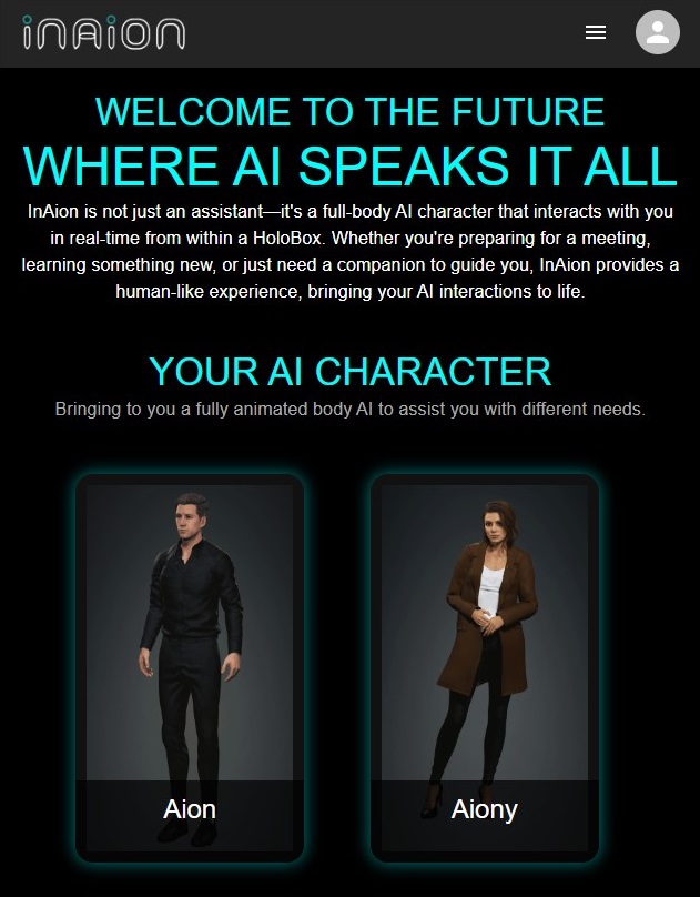 The image is a promotional poster for InAion, a Vraxa subsidiary, featuring two full-body AI characters named Aion and Aiony. Text highlights how these AI can interact in real-time within HoloBox, offering preparation for meetings, learning, or guidance.