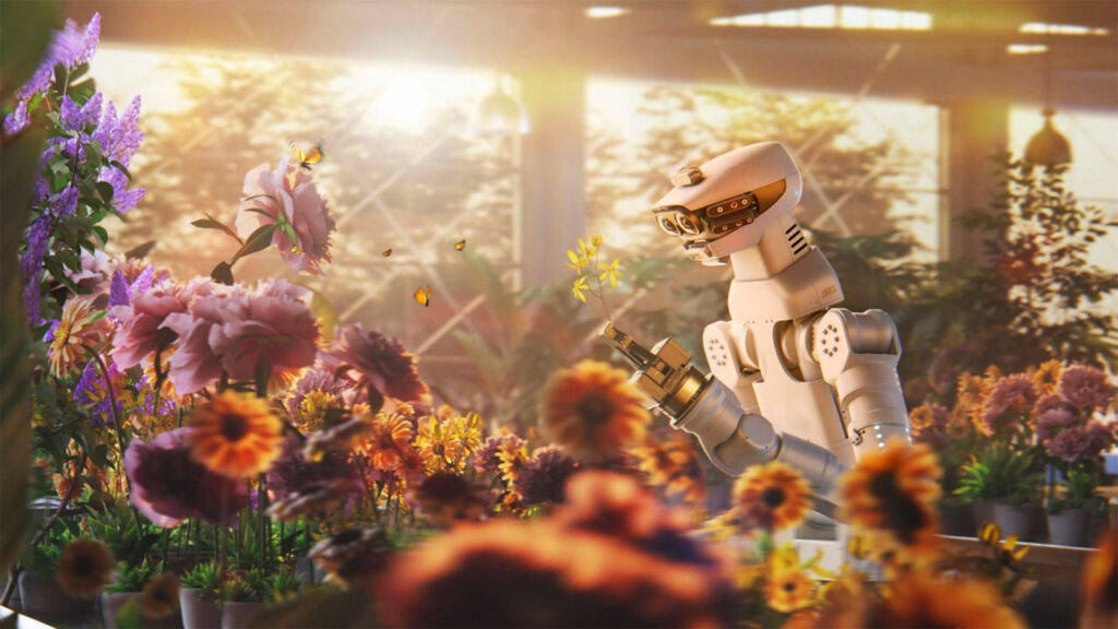 In a greenhouse at sunset, a robot nurtures vibrant flowers, embodying Vraxa's vision for sustainability. Warm light bathes the scene as bees buzz around colorful blossoms, showcasing a harmonious blend of nature and technology, reminiscent of innovative landscapes in Qatar and UAE.