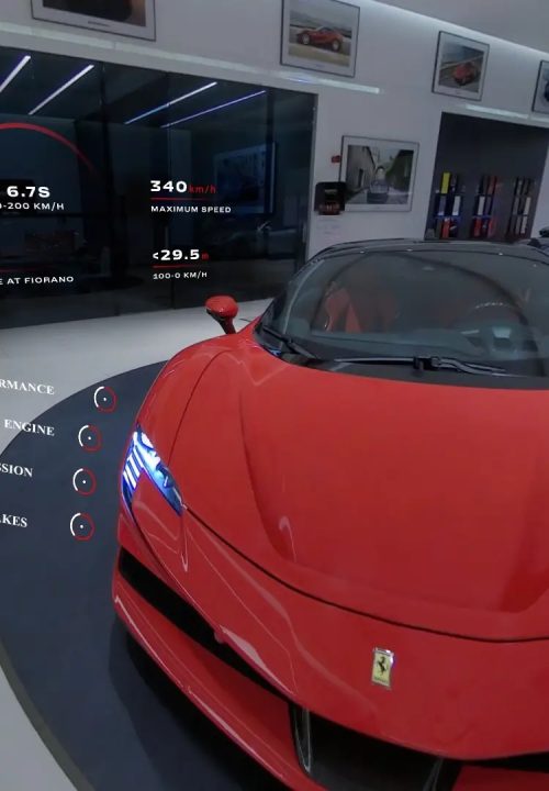 A preview of a VR experience showing a Ferrari car with some information on screen.