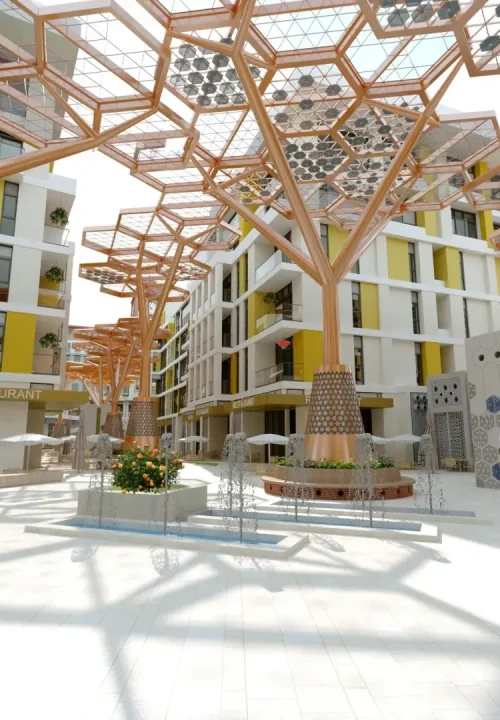 A preview of a 3D model showing a modern plaza with large geometric metal structures providing shade. People walk and sit near planters. Contemporary buildings with balconies surround the area. Sunlight casts intricate shadows on the ground.