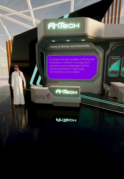 Futuristic 3D animated exhibit booth with Fintech signage. A person in traditional attire stands near a display screen showing text about the future of financial institutions and payments. Sleek, modern decor with a shiny floor and curved white structures above.