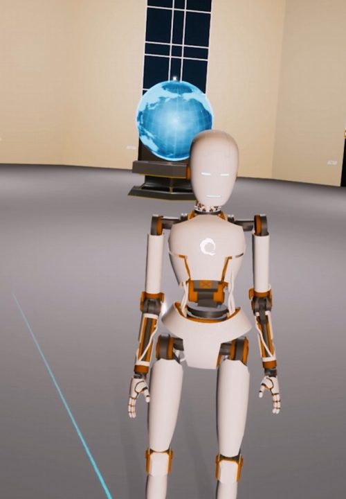 A preview of VR game showing a humanoid robot stands in a spacious and modern room, with a digital globe in the background.