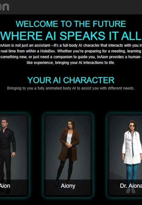 The image is a promotional poster for InAion, a Vraxa subsidiary, featuring two full-body AI characters named Aion, Aiony and Dr. Aiona. Text highlights how these AI can interact in real-time within HoloBox, offering preparation for meetings, learning, or guidance.